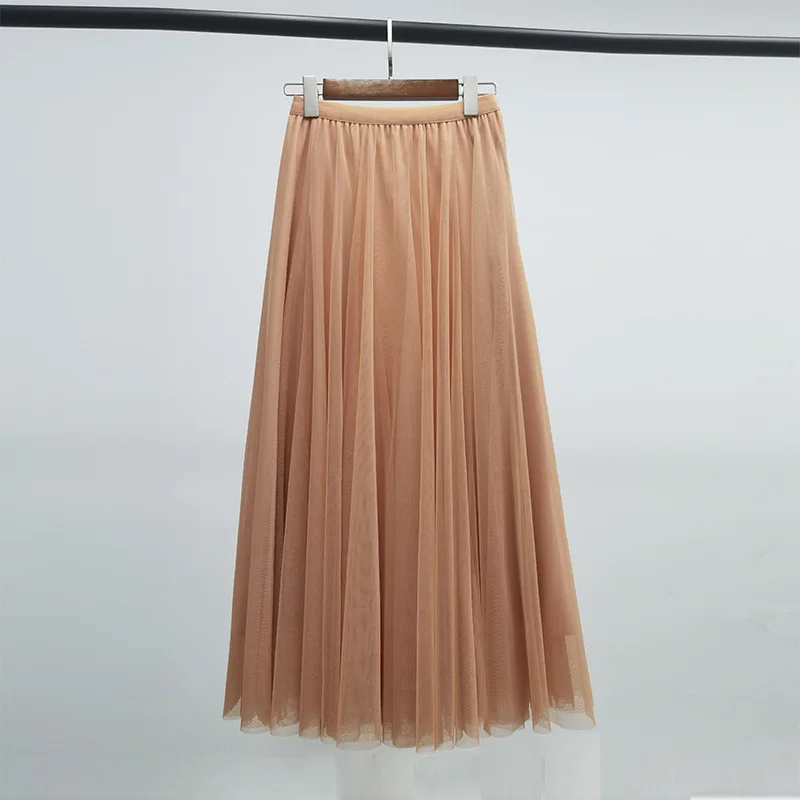 Hot Women Mesh Elastic Tutu Skirt Beach Spring Summer Korean High Waist Fashion Pleated Long Skirt Black White Tulle Skirts