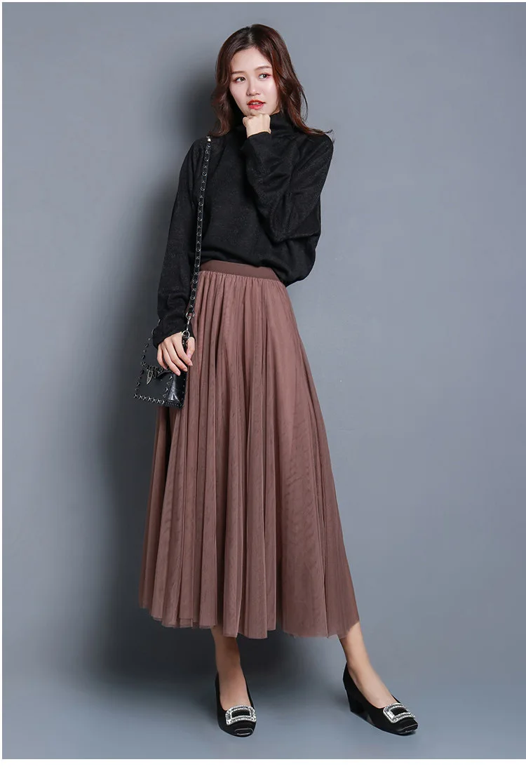 Hot Women Mesh Elastic Tutu Skirt Beach Spring Summer Korean High Waist Fashion Pleated Long Skirt Black White Tulle Skirts