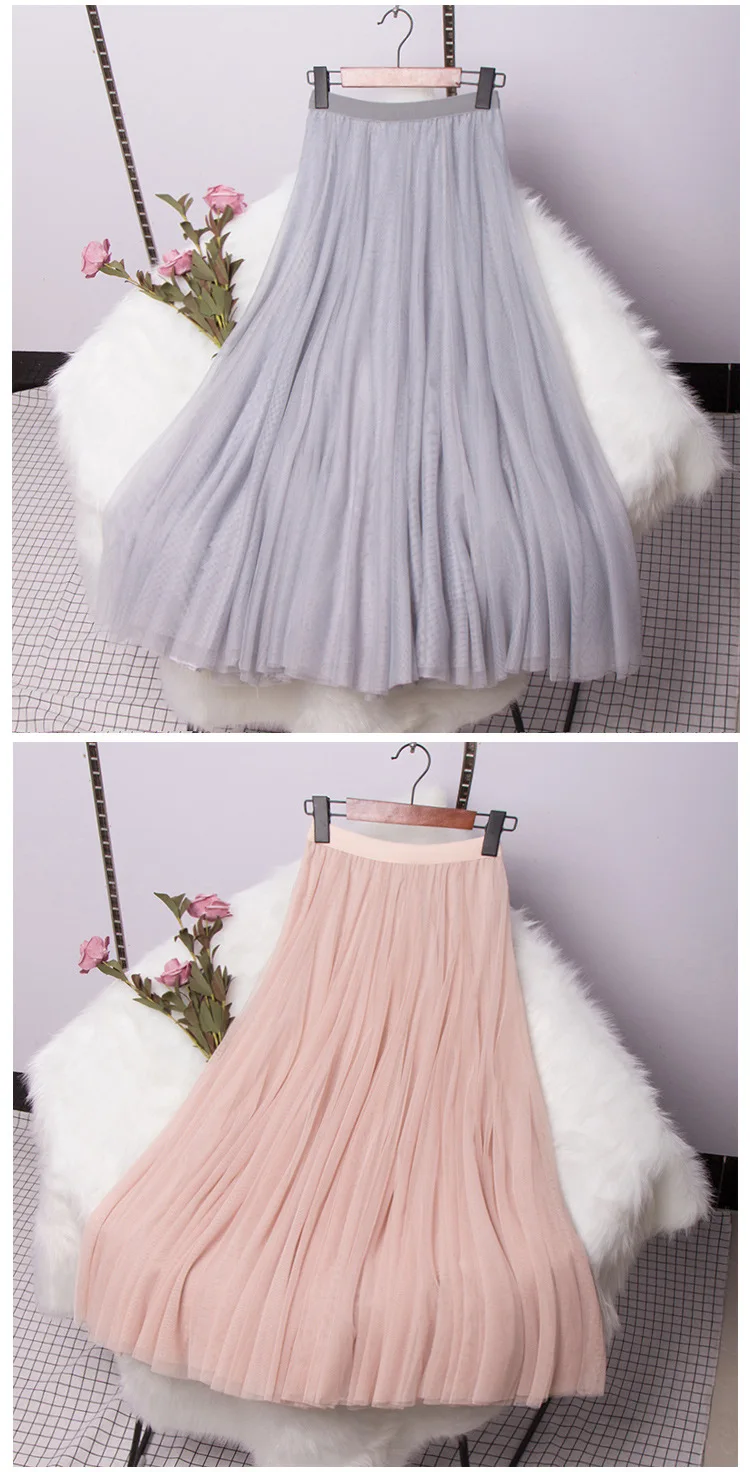 Hot Women Mesh Elastic Tutu Skirt Beach Spring Summer Korean High Waist Fashion Pleated Long Skirt Black White Tulle Skirts