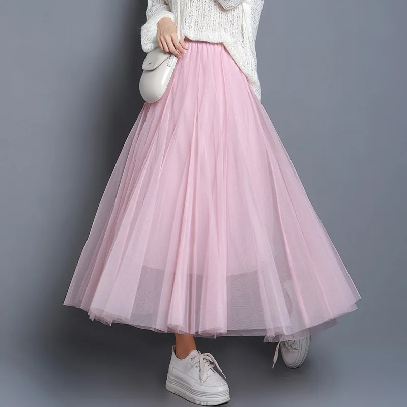 Hot Women Mesh Elastic Tutu Skirt Beach Spring Summer Korean High Waist Fashion Pleated Long Skirt Black White Tulle Skirts