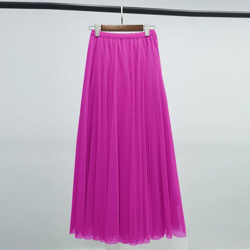 Hot Women Mesh Elastic Tutu Skirt Beach Spring Summer Korean High Waist Fashion Pleated Long Skirt Black White Tulle Skirts