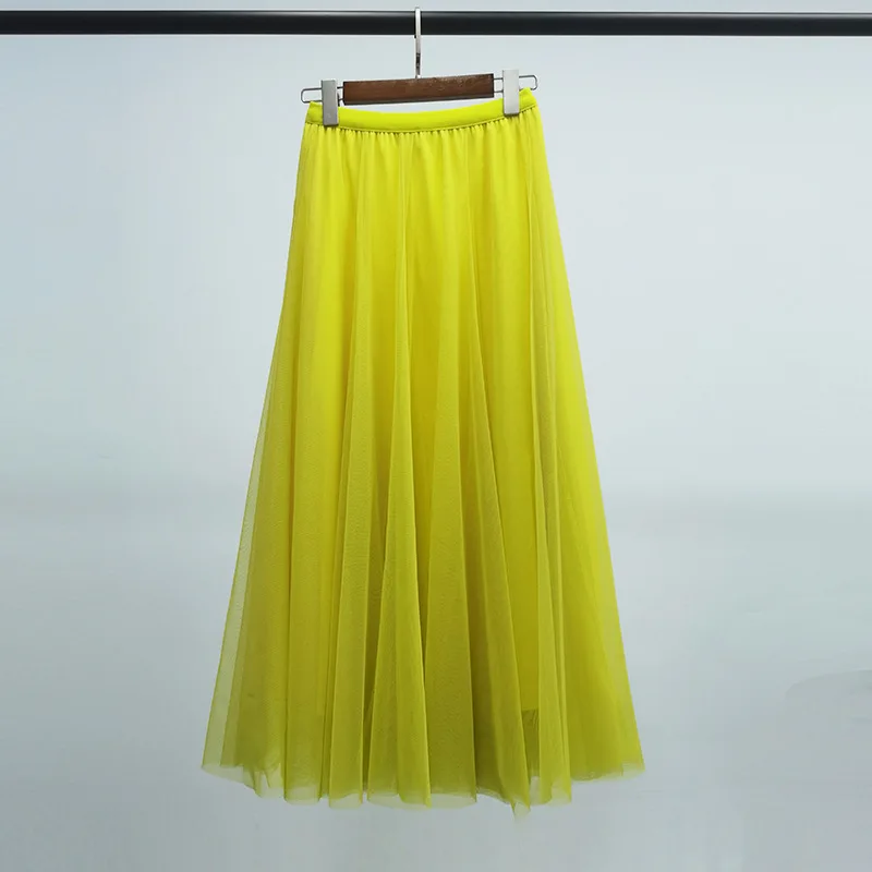 Hot Women Mesh Elastic Tutu Skirt Beach Spring Summer Korean High Waist Fashion Pleated Long Skirt Black White Tulle Skirts
