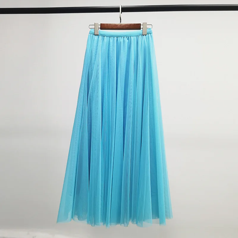 Hot Women Mesh Elastic Tutu Skirt Beach Spring Summer Korean High Waist Fashion Pleated Long Skirt Black White Tulle Skirts