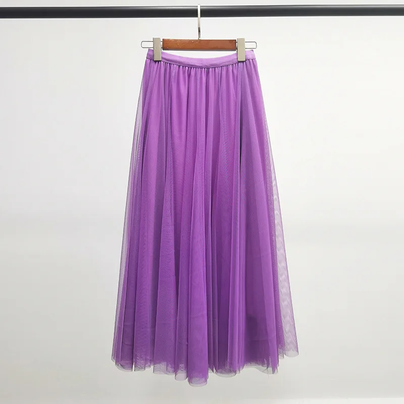 Hot Women Mesh Elastic Tutu Skirt Beach Spring Summer Korean High Waist Fashion Pleated Long Skirt Black White Tulle Skirts