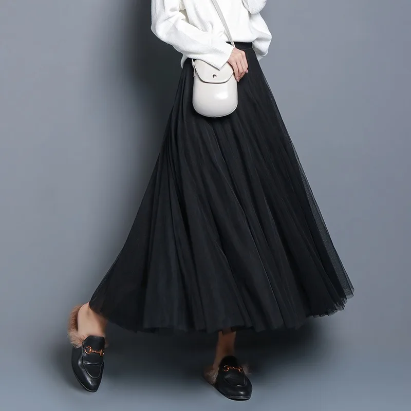 Hot Women Mesh Elastic Tutu Skirt Beach Spring Summer Korean High Waist Fashion Pleated Long Skirt Black White Tulle Skirts