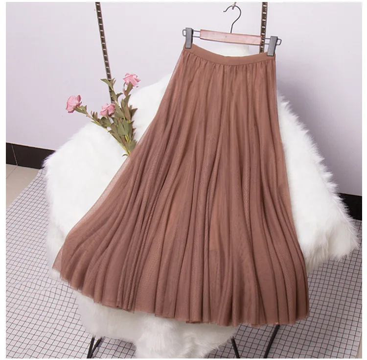 Hot Women Mesh Elastic Tutu Skirt Beach Spring Summer Korean High Waist Fashion Pleated Long Skirt Black White Tulle Skirts