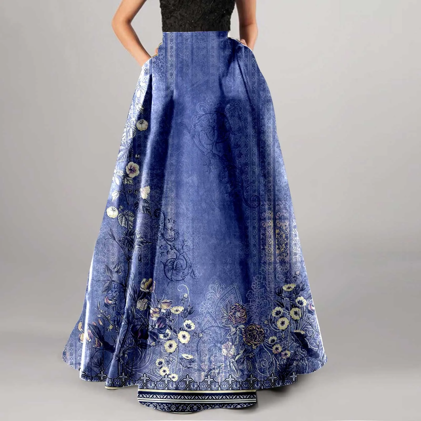Summer Bohemian Print Long Skirts Women Boho Holiday Floral Skirt High Waist Loose Female Beach Pleated Maxi Skirts Faldas