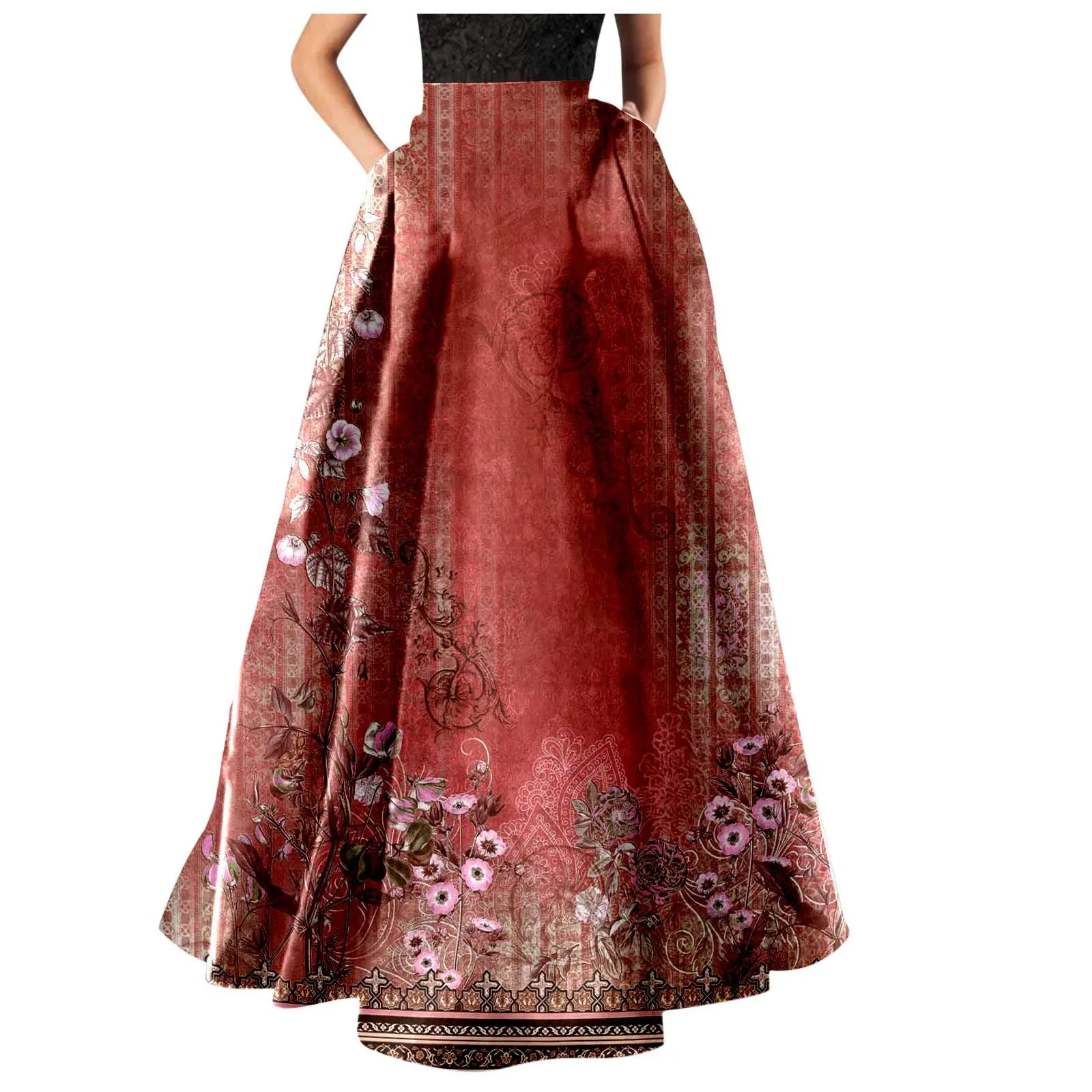 Summer Bohemian Print Long Skirts Women Boho Holiday Floral Skirt High Waist Loose Female Beach Pleated Maxi Skirts Faldas