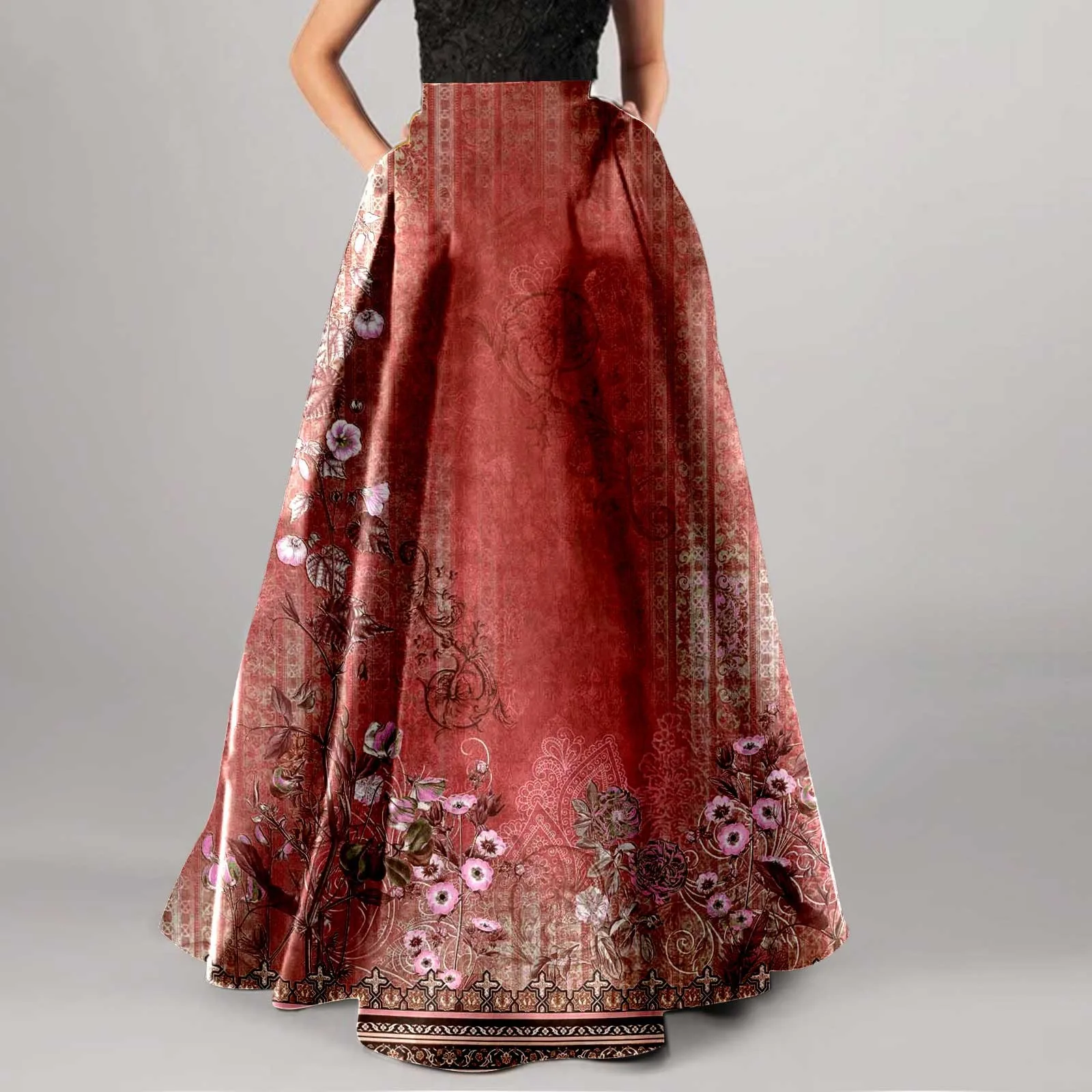 Summer Bohemian Print Long Skirts Women Boho Holiday Floral Skirt High Waist Loose Female Beach Pleated Maxi Skirts Faldas