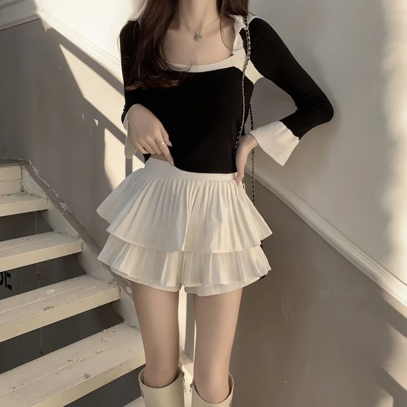 Preppy Style Elastic High waist Fluffy Skirt Double Layered Pleated Ruffled Edge Mini Cake Skirt Cute Hotsweet Y2K Skirt Pants