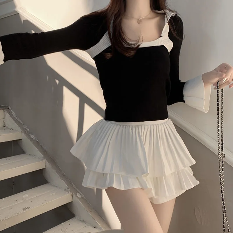 Preppy Style Elastic High waist Fluffy Skirt Double Layered Pleated Ruffled Edge Mini Cake Skirt Cute Hotsweet Y2K Skirt Pants