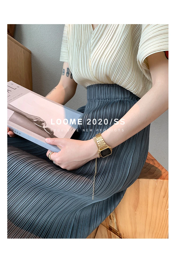 Miyake Pleated Classic Elastic Waistband Straight Casual Skirts (90CM)