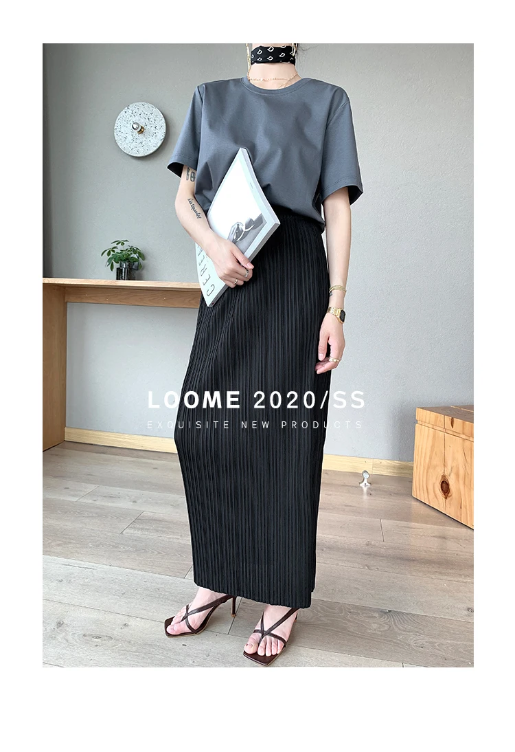 Miyake Pleated Classic Elastic Waistband Straight Casual Skirts (90CM)