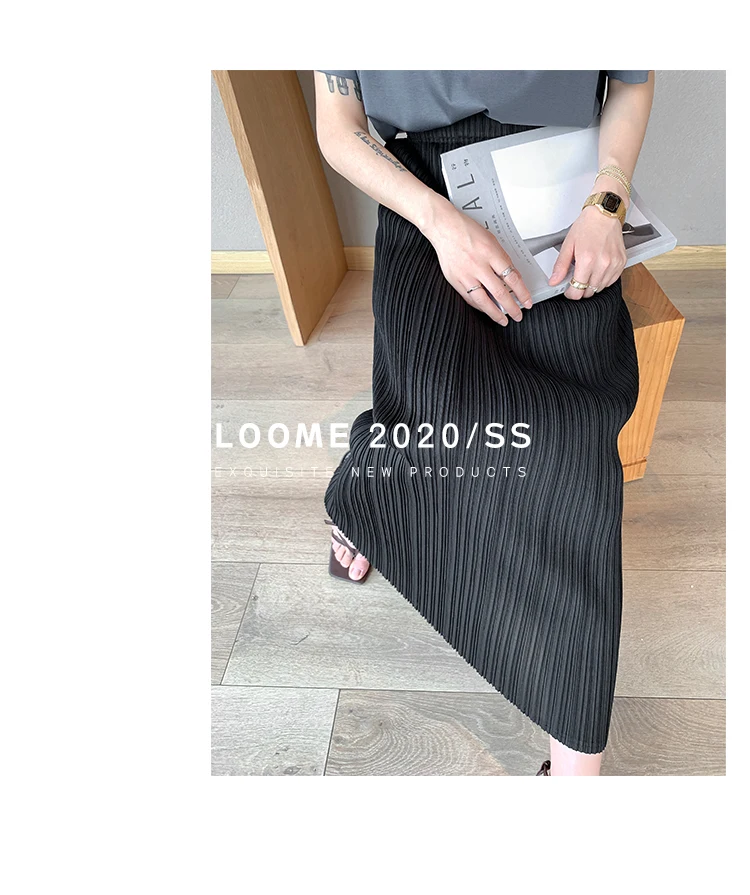 Miyake Pleated Classic Elastic Waistband Straight Casual Skirts (90CM)