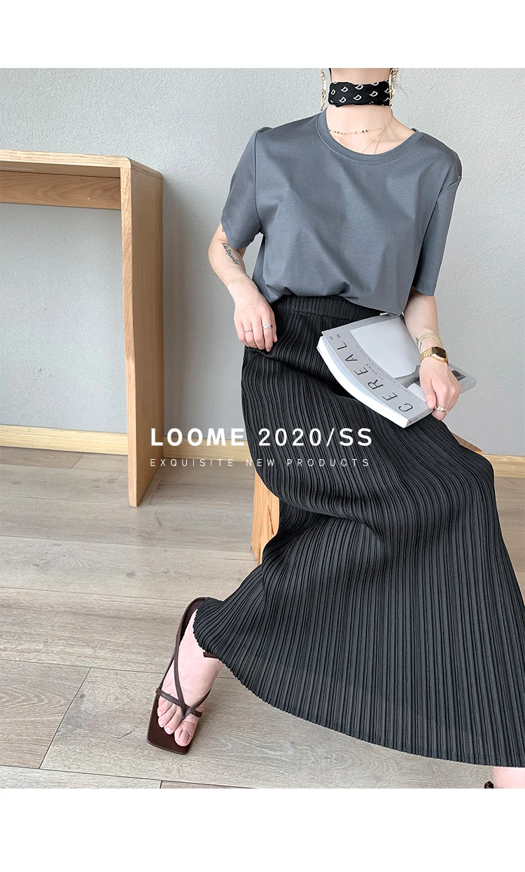 Miyake Pleated Classic Elastic Waistband Straight Casual Skirts (90CM)