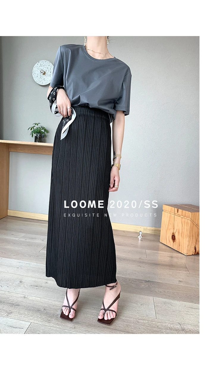 Miyake Pleated Classic Elastic Waistband Straight Casual Skirts (90CM)