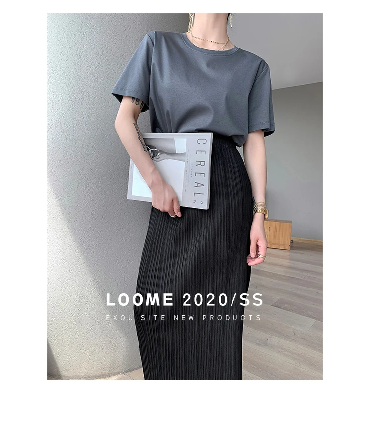 Miyake Pleated Classic Elastic Waistband Straight Casual Skirts (90CM)