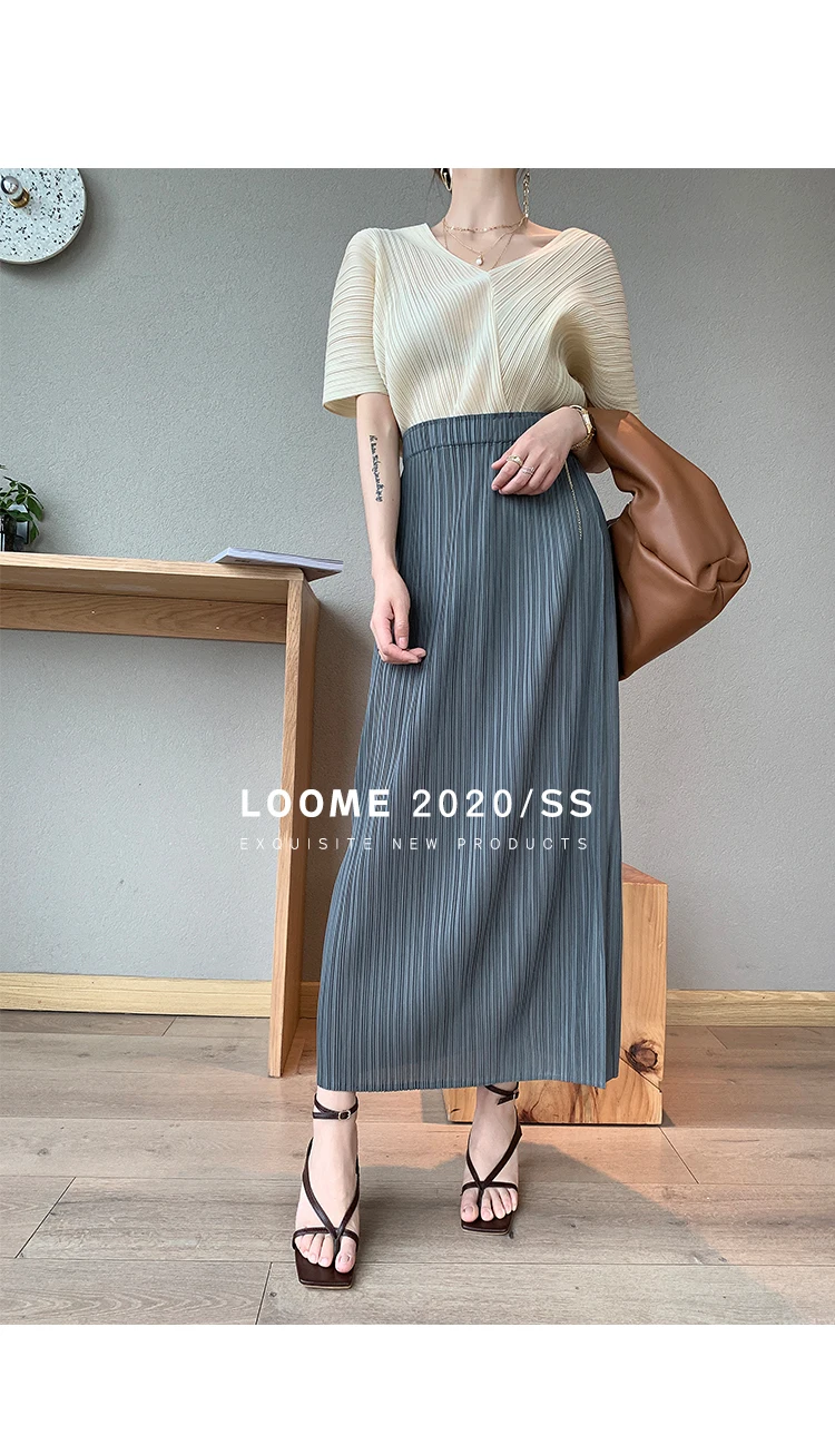Miyake Pleated Classic Elastic Waistband Straight Casual Skirts (90CM)