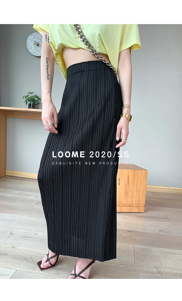 Miyake Pleated Classic Elastic Waistband Straight Casual Skirts (90CM)