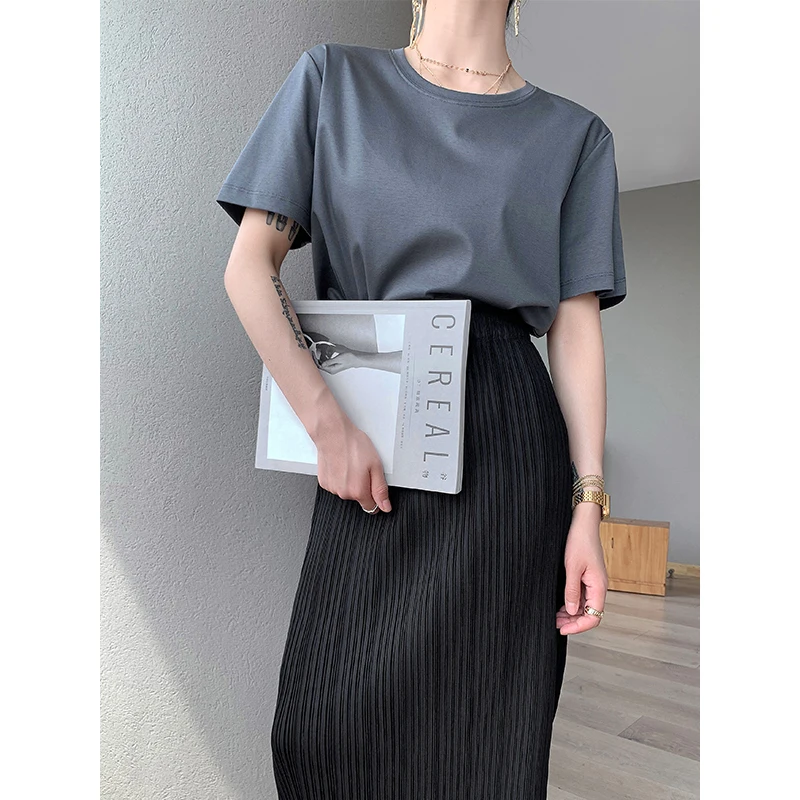 Miyake Pleated Classic Elastic Waistband Straight Casual Skirts (90CM)