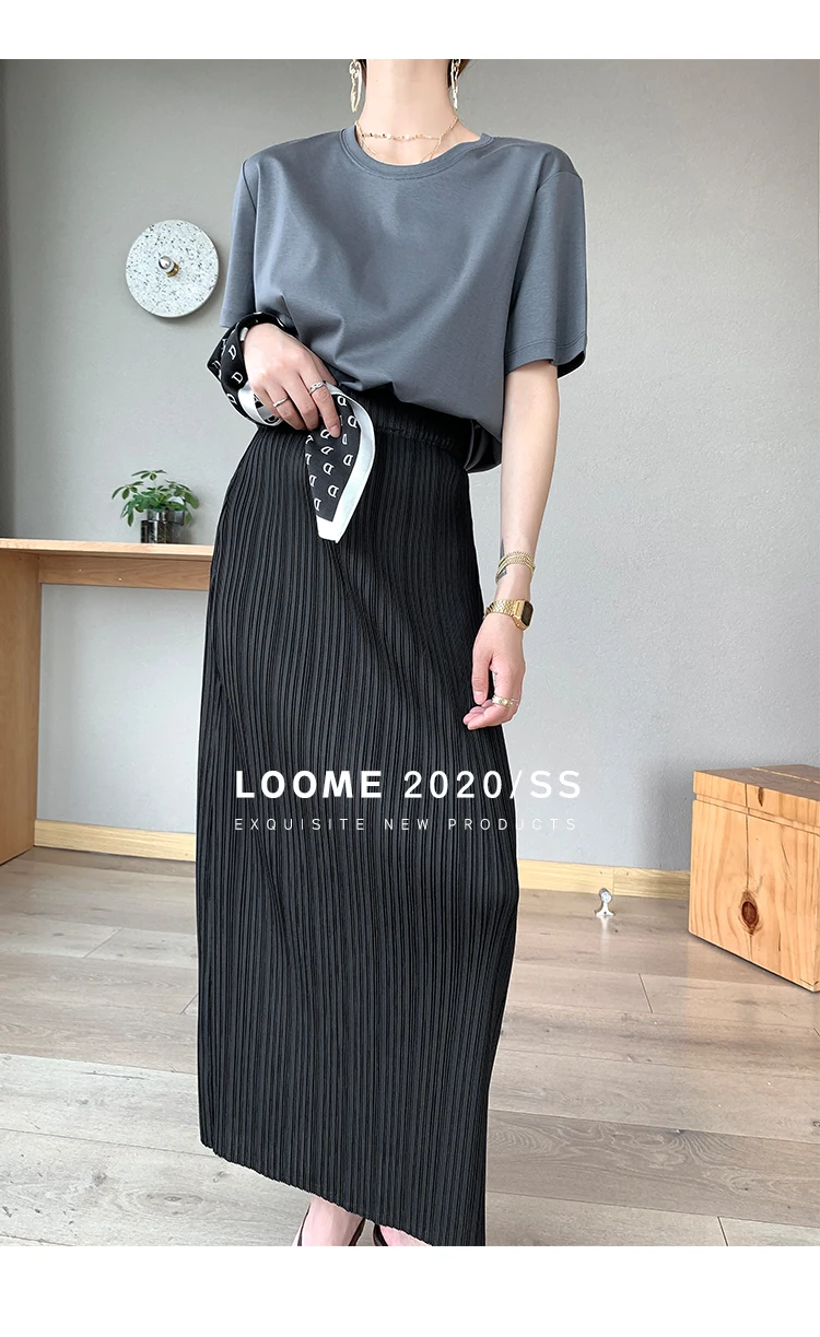 Miyake Pleated Classic Elastic Waistband Straight Casual Skirts (90CM)