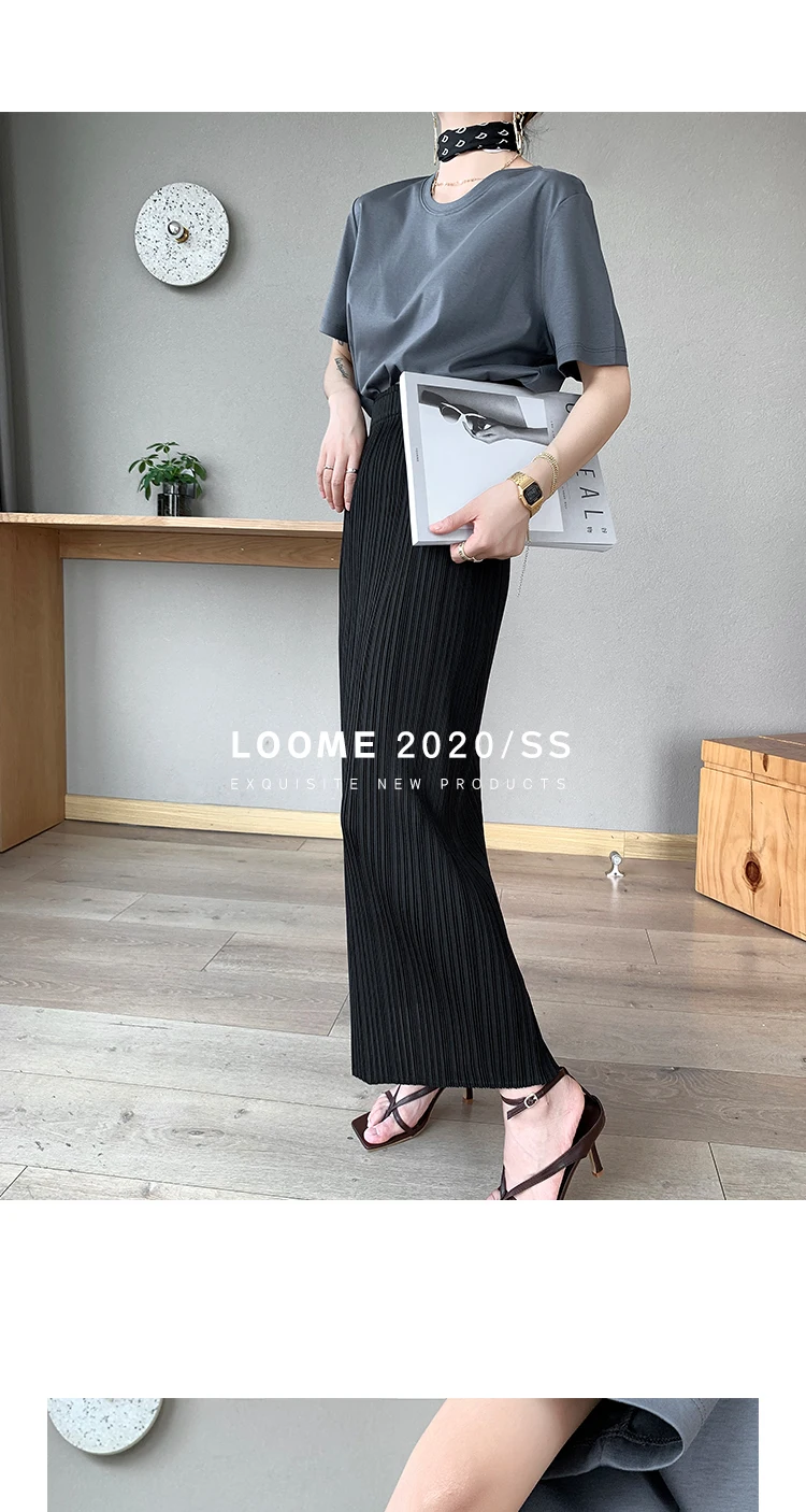 Miyake Pleated Classic Elastic Waistband Straight Casual Skirts (90CM)