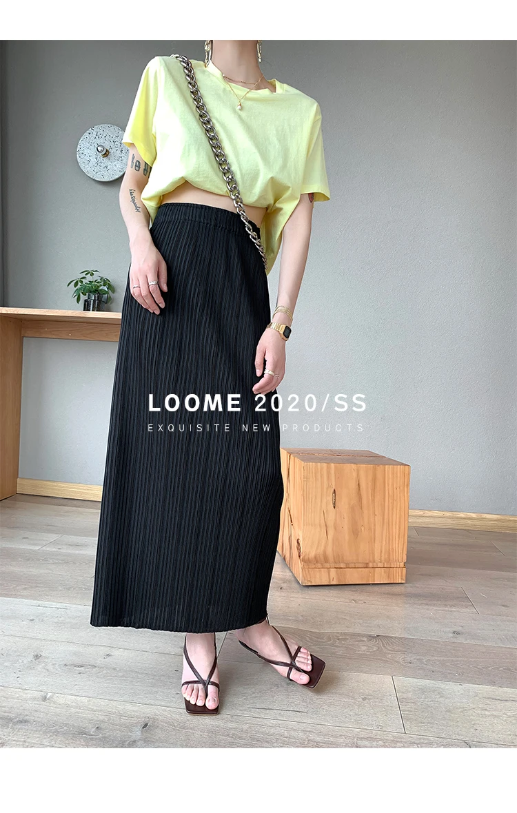 Miyake Pleated Classic Elastic Waistband Straight Casual Skirts (90CM)