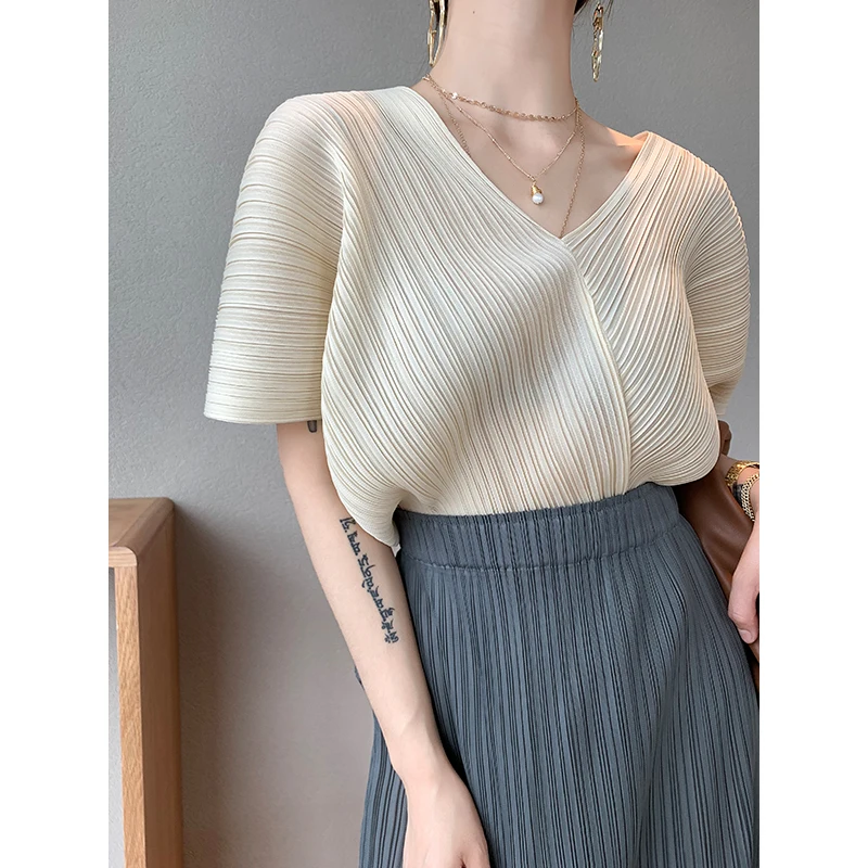 Miyake Pleated Classic Elastic Waistband Straight Casual Skirts (90CM)