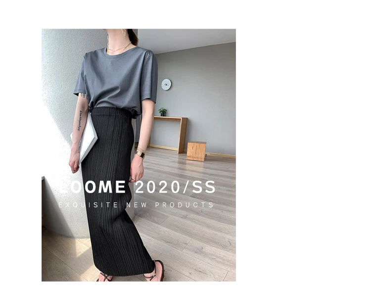 Miyake Pleated Classic Elastic Waistband Straight Casual Skirts (90CM)