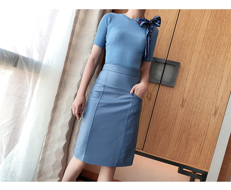 NEW Winter Women Genuine Leather Midi Long Skirt OL Elegant Simple Slim Saia Mujer Green/Black Sexy Wrap Jupe Street Wear Faldas