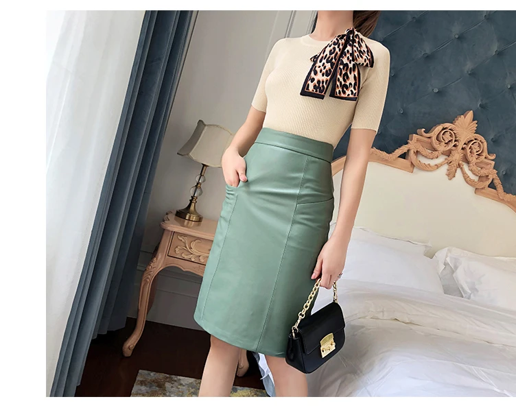 NEW Winter Women Genuine Leather Midi Long Skirt OL Elegant Simple Slim Saia Mujer Green/Black Sexy Wrap Jupe Street Wear Faldas