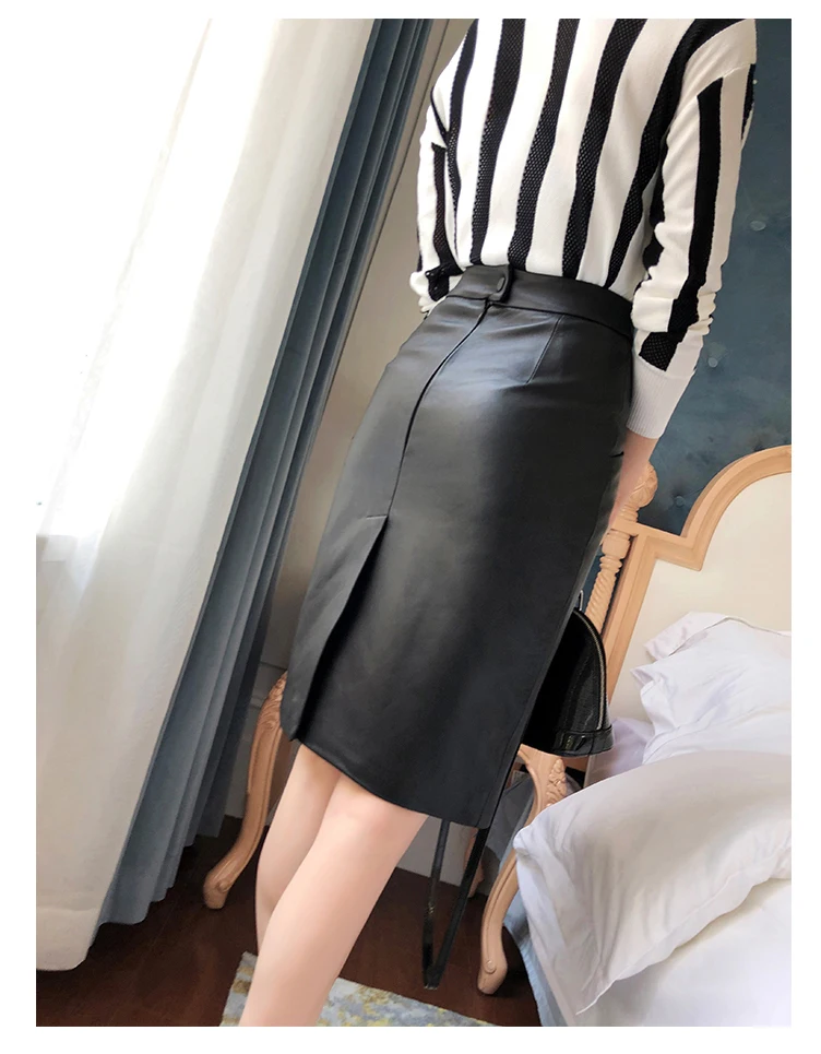 NEW Winter Women Genuine Leather Midi Long Skirt OL Elegant Simple Slim Saia Mujer Green/Black Sexy Wrap Jupe Street Wear Faldas