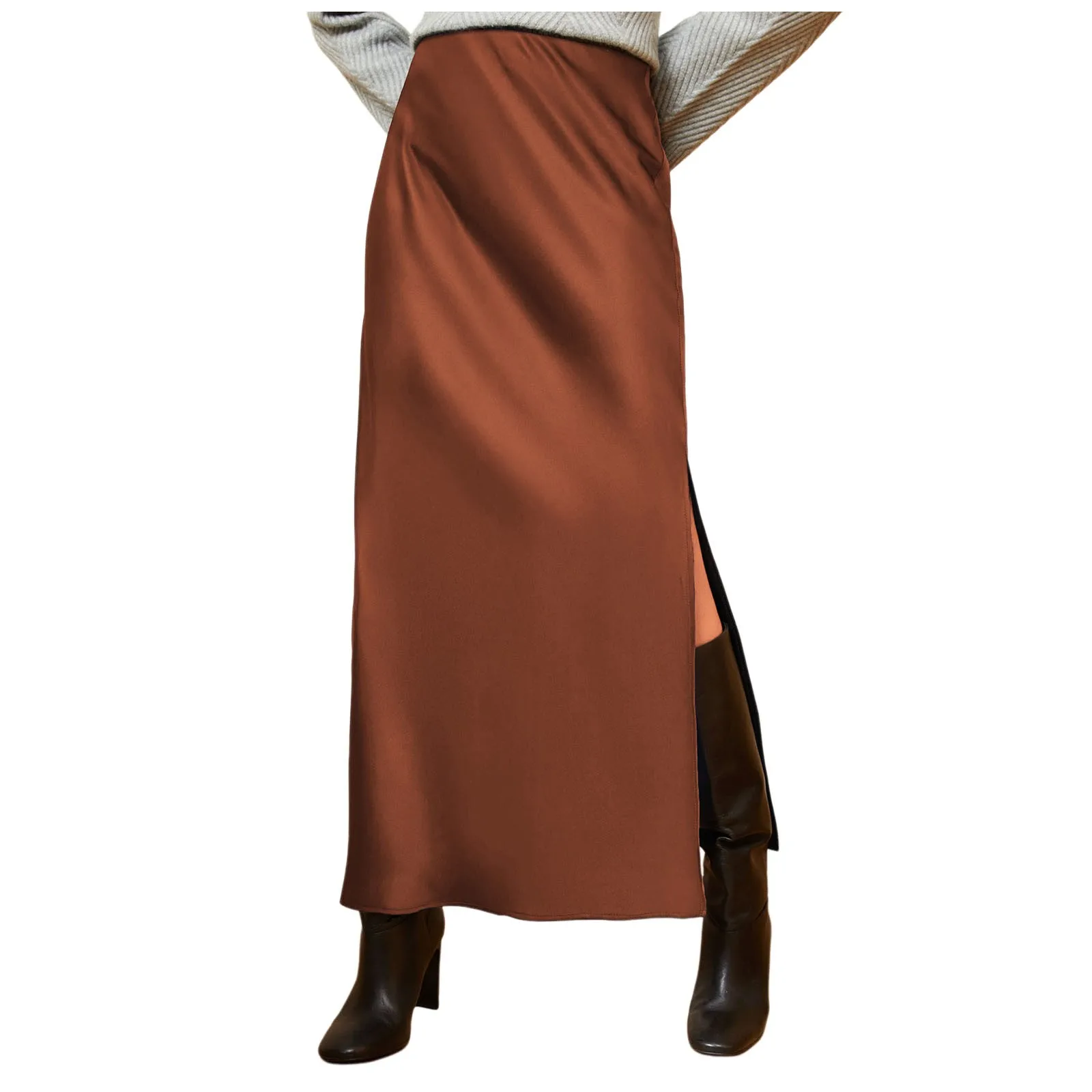Silk Satin Skirts For Women Korean Style High Waist Skirt With Slit Fashion Faldas Mujer Elegant Solid Long Pencil Skirts 2025