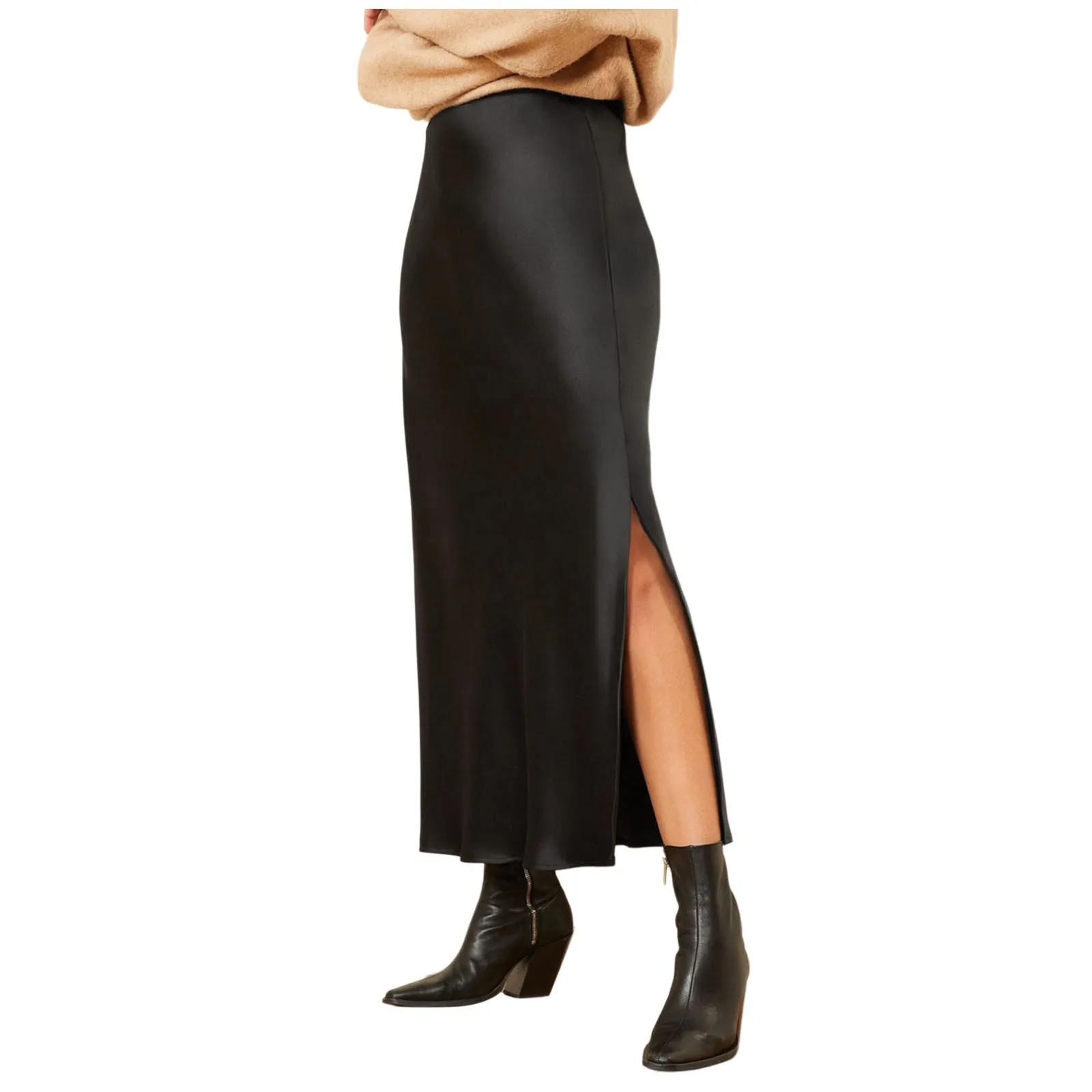 Silk Satin Skirts For Women Korean Style High Waist Skirt With Slit Fashion Faldas Mujer Elegant Solid Long Pencil Skirts 2025