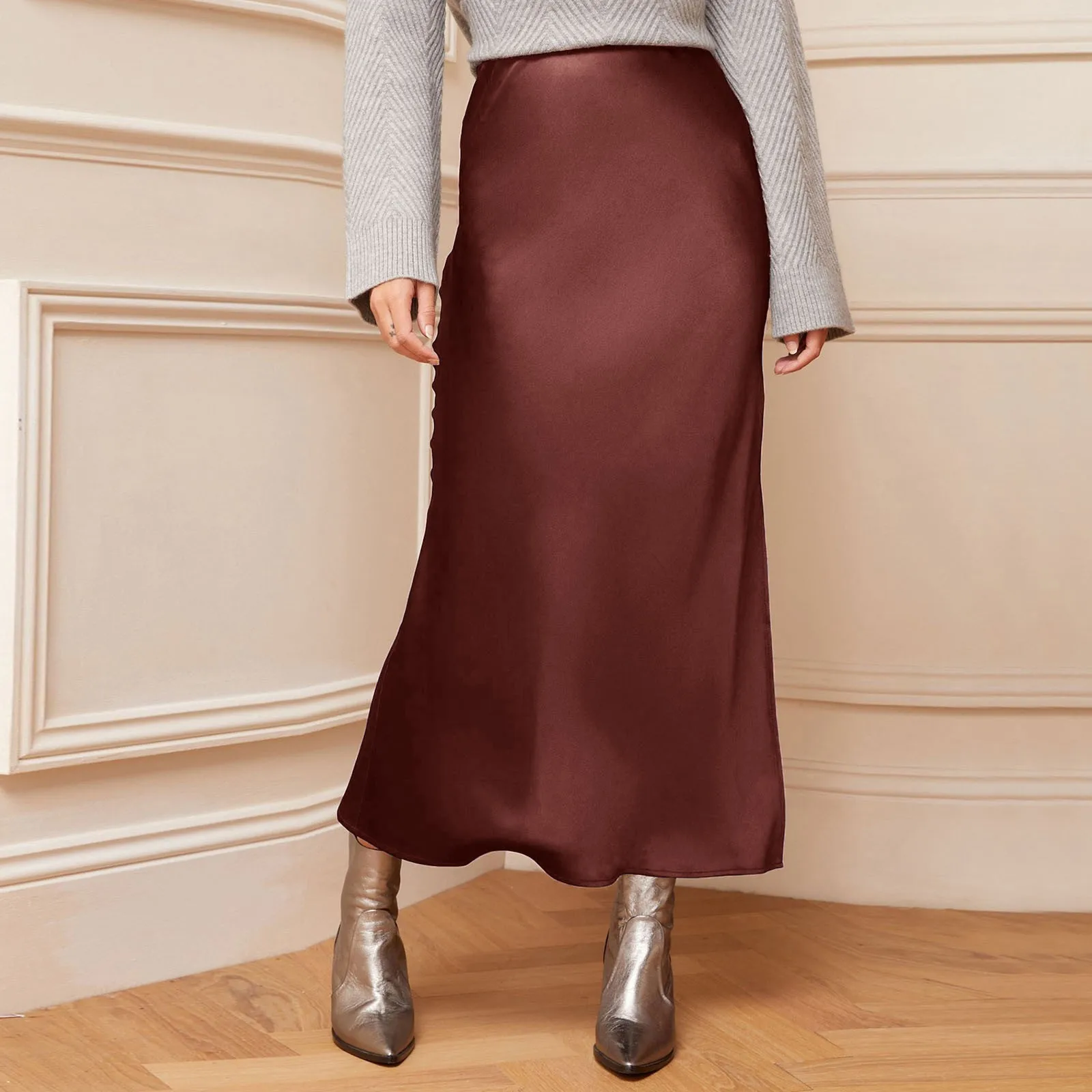Silk Satin Skirts For Women Korean Style High Waist Skirt With Slit Fashion Faldas Mujer Elegant Solid Long Pencil Skirts 2025