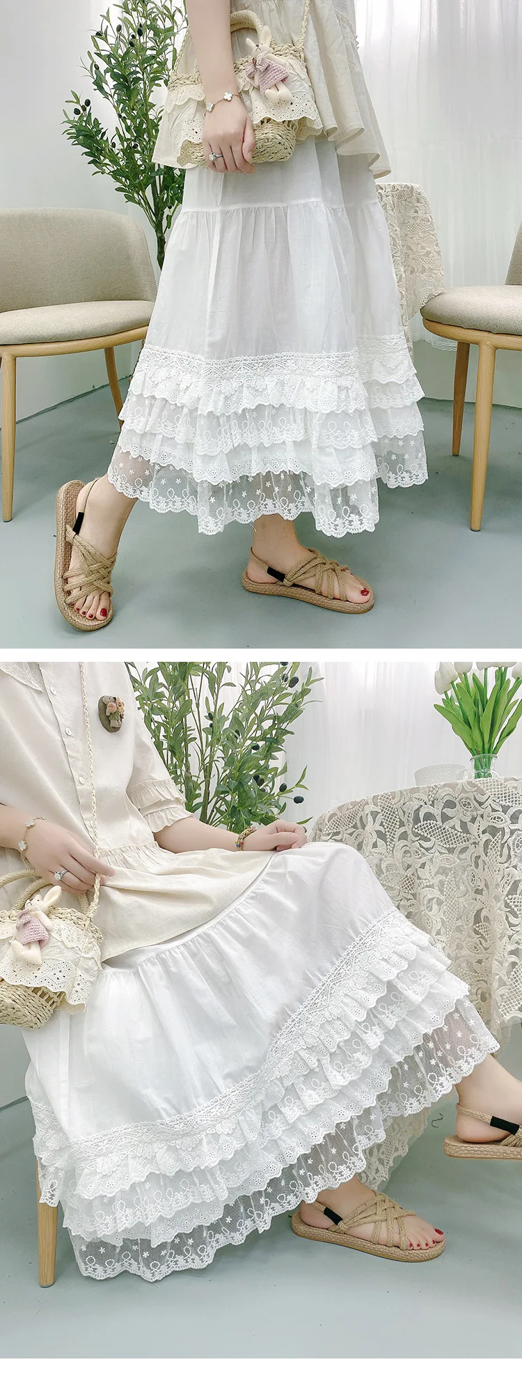 Vintage Lace Ruffled Kawaii Skirt Women Mori Girl High Waist Loose Cotton Linen Lolita Cake Skirt Casual Petticoat A-line Skirts