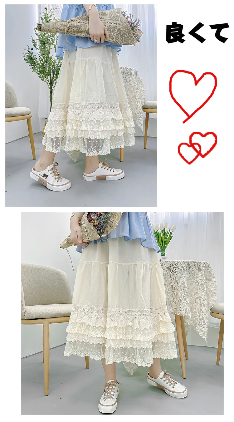 Vintage Lace Ruffled Kawaii Skirt Women Mori Girl High Waist Loose Cotton Linen Lolita Cake Skirt Casual Petticoat A-line Skirts
