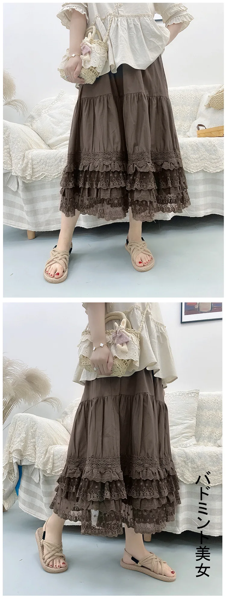 Vintage Lace Ruffled Kawaii Skirt Women Mori Girl High Waist Loose Cotton Linen Lolita Cake Skirt Casual Petticoat A-line Skirts