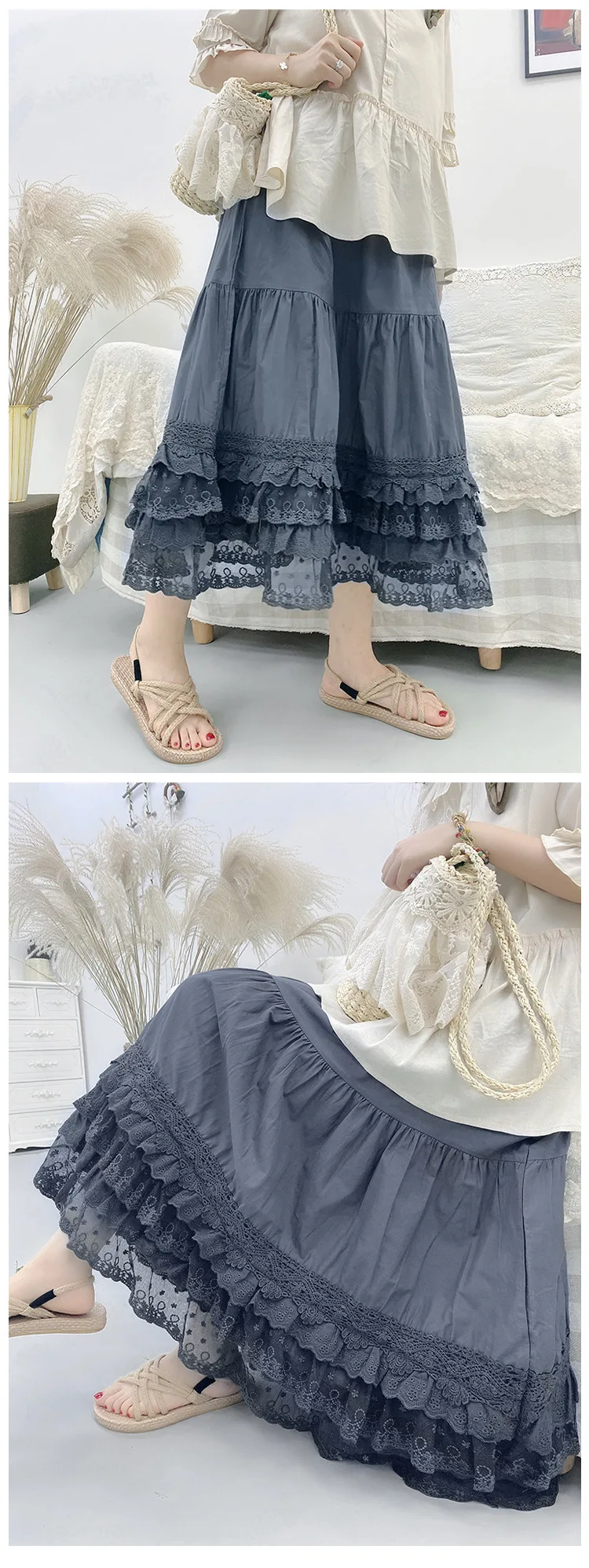 Vintage Lace Ruffled Kawaii Skirt Women Mori Girl High Waist Loose Cotton Linen Lolita Cake Skirt Casual Petticoat A-line Skirts