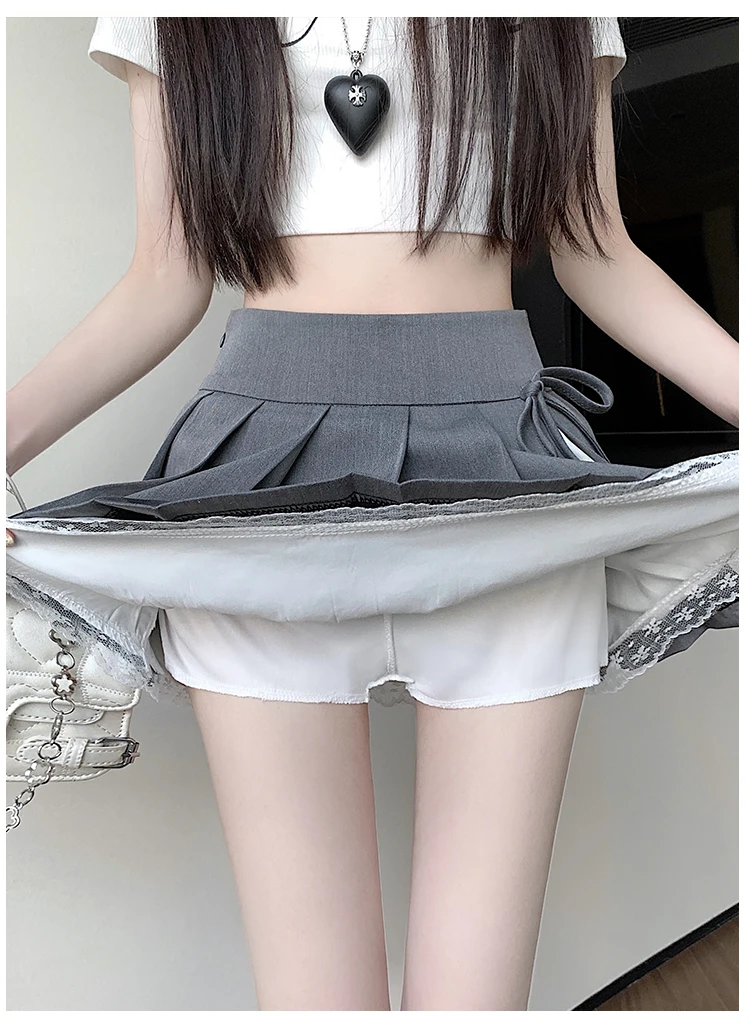 Casual Girls Lace Patchwork Pleated Skirt Women's High Waist Y2k Clothes Korean Summer Grey A-Line Sweet Mini Skirt with Shorts