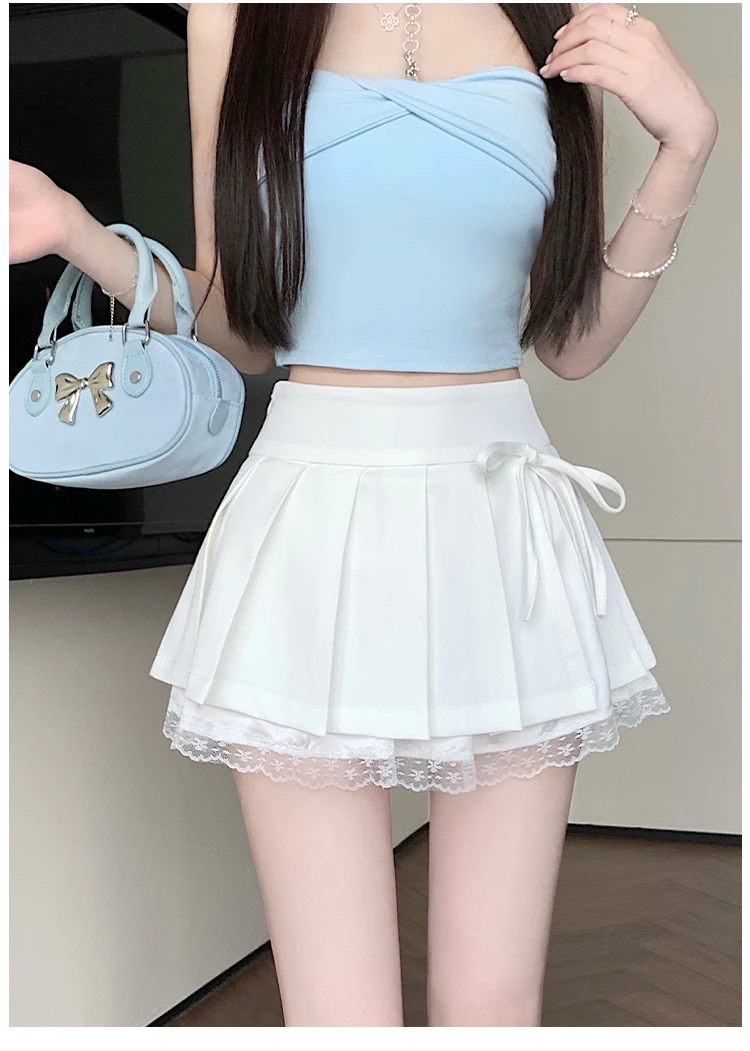 Casual Girls Lace Patchwork Pleated Skirt Women's High Waist Y2k Clothes Korean Summer Grey A-Line Sweet Mini Skirt with Shorts