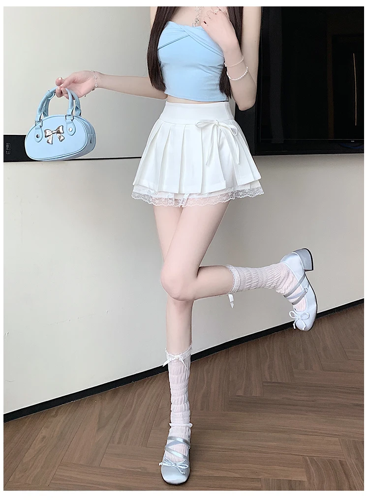 Casual Girls Lace Patchwork Pleated Skirt Women's High Waist Y2k Clothes Korean Summer Grey A-Line Sweet Mini Skirt with Shorts