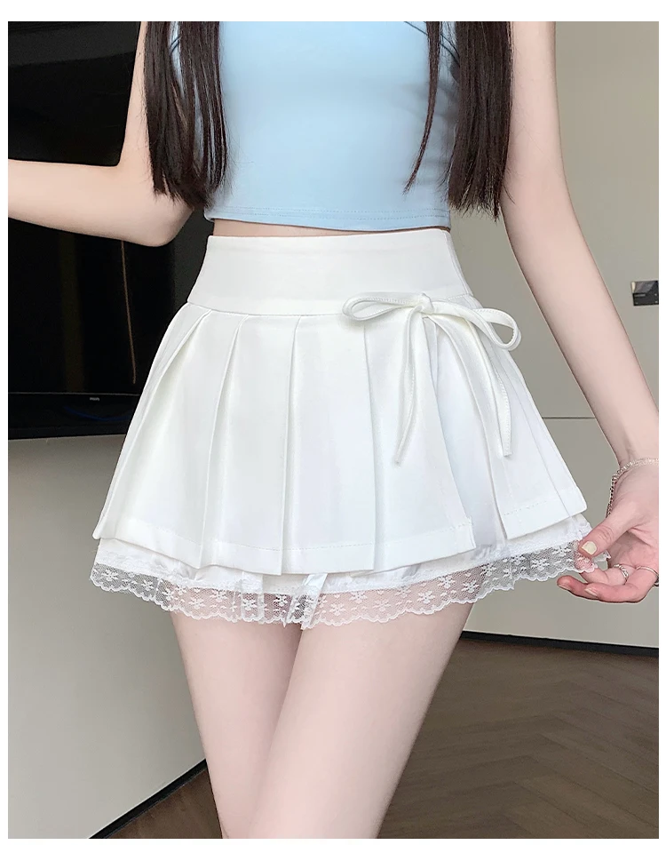 Casual Girls Lace Patchwork Pleated Skirt Women's High Waist Y2k Clothes Korean Summer Grey A-Line Sweet Mini Skirt with Shorts
