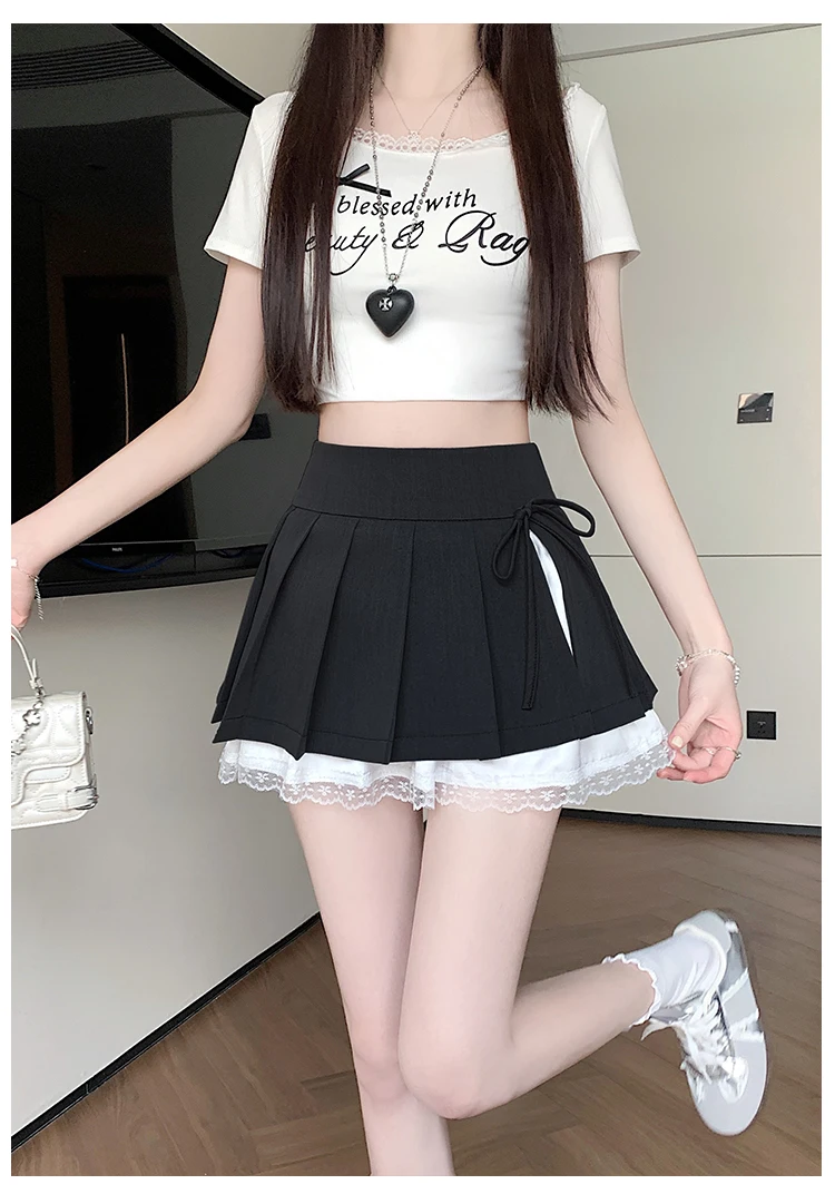 Casual Girls Lace Patchwork Pleated Skirt Women's High Waist Y2k Clothes Korean Summer Grey A-Line Sweet Mini Skirt with Shorts