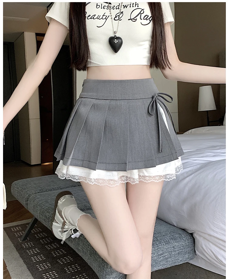 Casual Girls Lace Patchwork Pleated Skirt Women's High Waist Y2k Clothes Korean Summer Grey A-Line Sweet Mini Skirt with Shorts