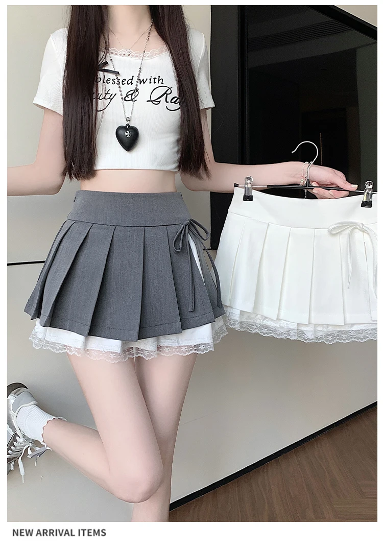 Casual Girls Lace Patchwork Pleated Skirt Women's High Waist Y2k Clothes Korean Summer Grey A-Line Sweet Mini Skirt with Shorts