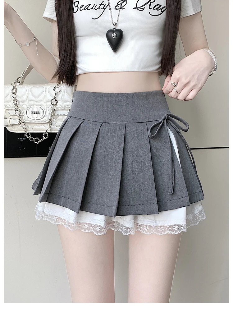 Casual Girls Lace Patchwork Pleated Skirt Women's High Waist Y2k Clothes Korean Summer Grey A-Line Sweet Mini Skirt with Shorts