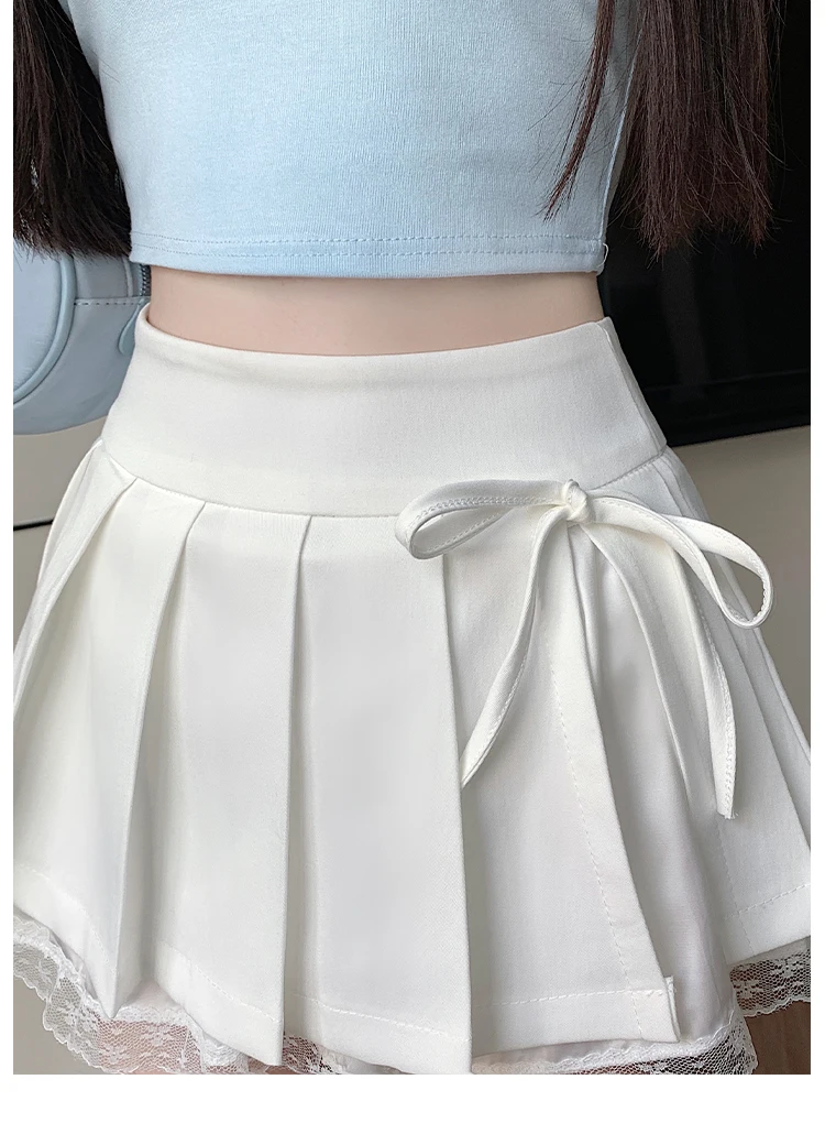 Casual Girls Lace Patchwork Pleated Skirt Women's High Waist Y2k Clothes Korean Summer Grey A-Line Sweet Mini Skirt with Shorts