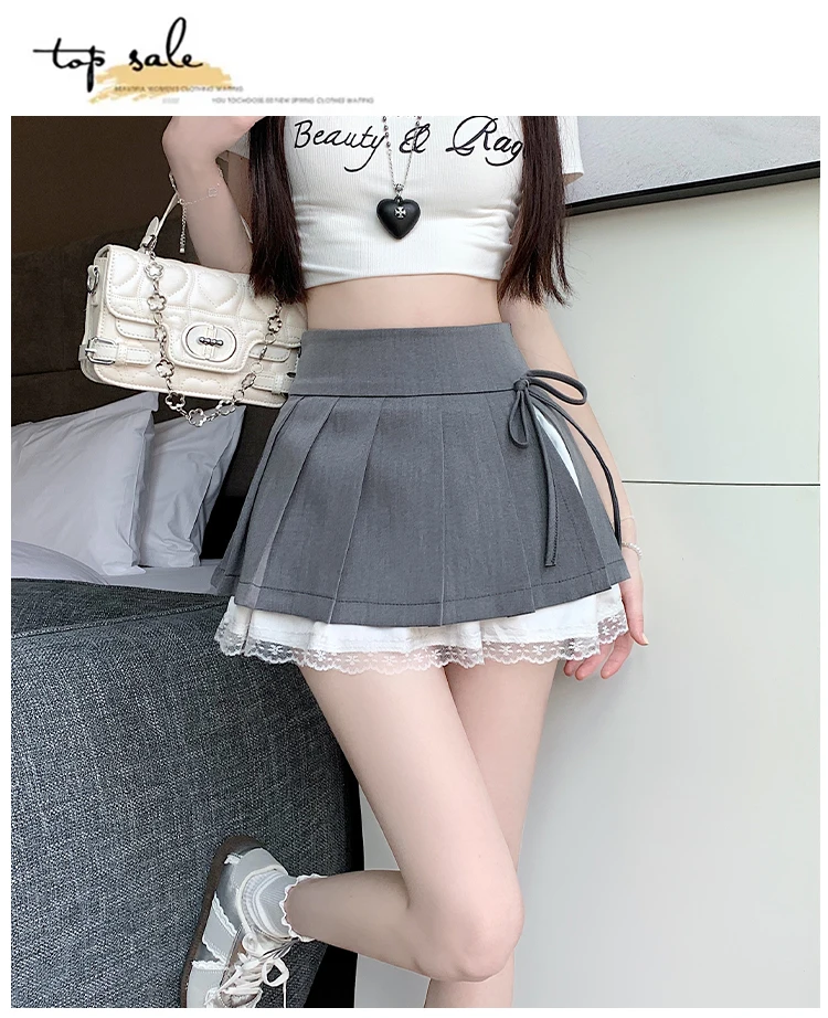 Casual Girls Lace Patchwork Pleated Skirt Women's High Waist Y2k Clothes Korean Summer Grey A-Line Sweet Mini Skirt with Shorts