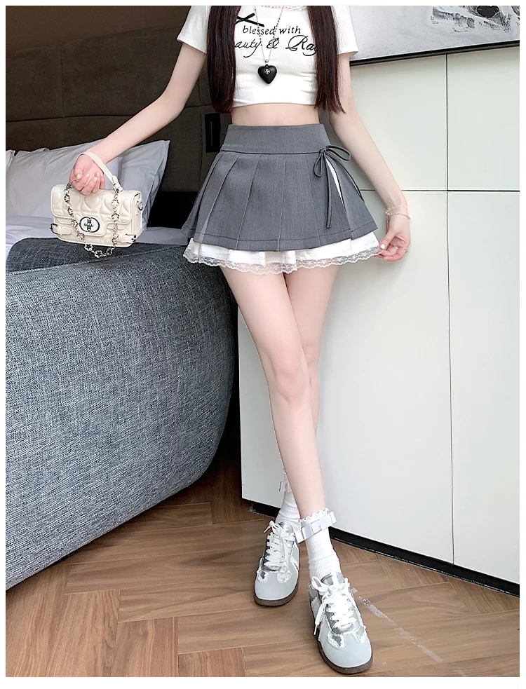Casual Girls Lace Patchwork Pleated Skirt Women's High Waist Y2k Clothes Korean Summer Grey A-Line Sweet Mini Skirt with Shorts